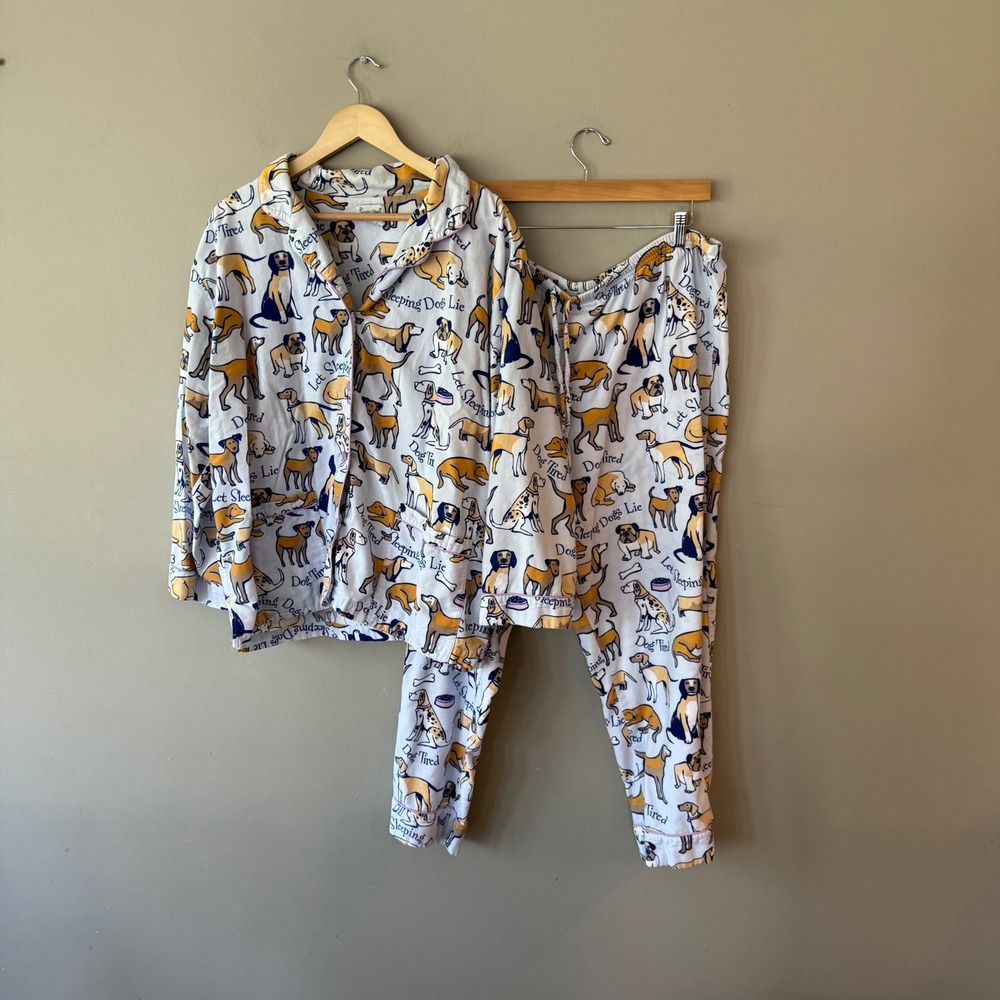 PajamaGram Dog‎ Tired Set Button Front Long Sleeve Top Pants Flannel Pajamas 2X